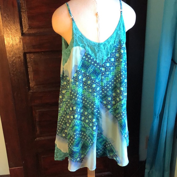 GlamDoll sz Med. Tent sundress teal, blue, green, and yellow/lace panels/lined - Picture 7 of 13